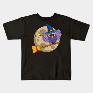 Cartoon Wizard Owl Flying on Broom Kids T-Shirt